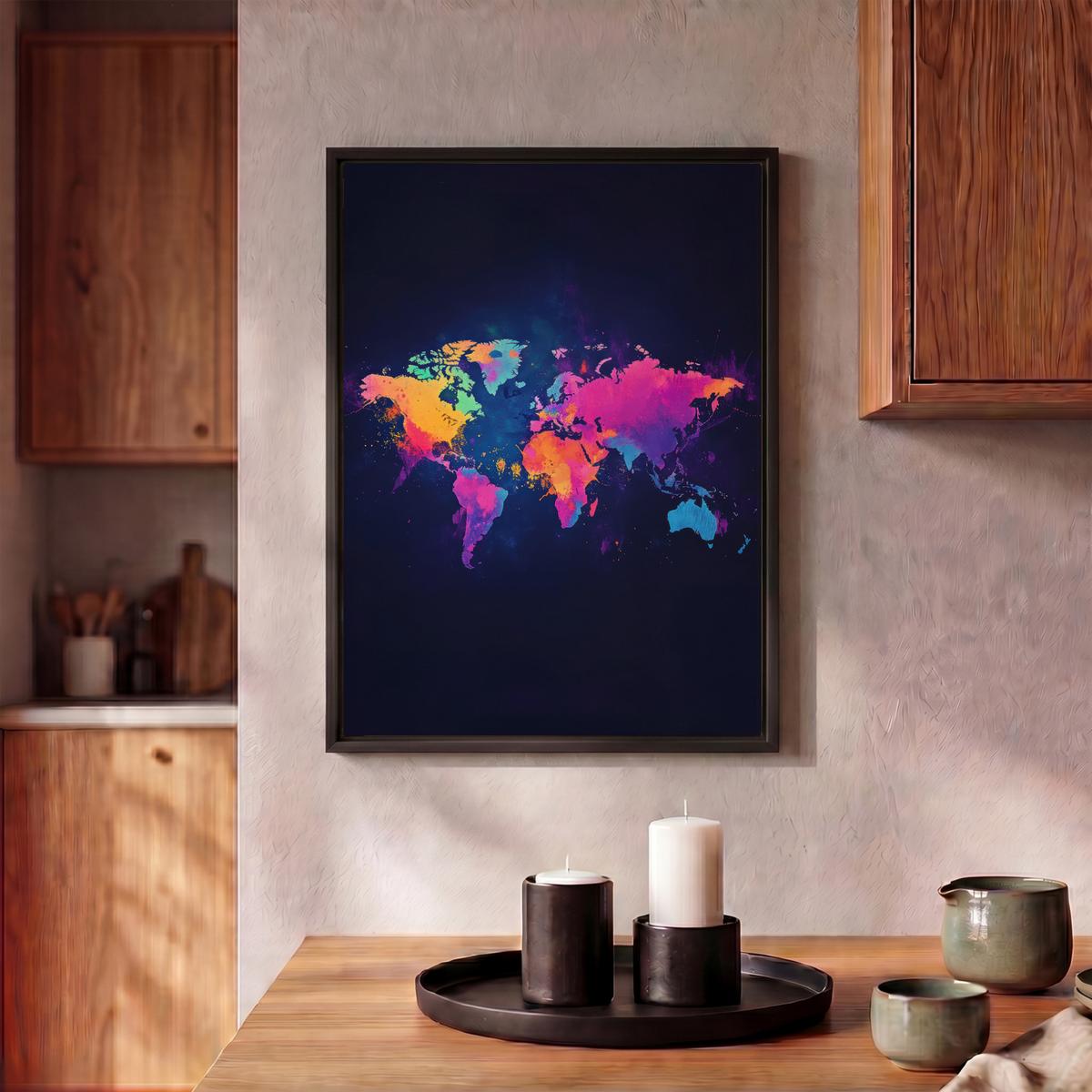LEINWAND Bilder mit Rahmen - Weltkarte - Bunt - Graffiti - 30x40 - Multicolor, Textil (30/40cm) - MuchoWow