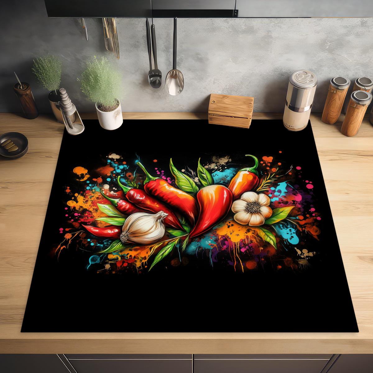 HERDABDECKPLATTE Gemüse - Paprika - Knoblauch - Graffiti - Farbe - Bunt Induktionsmatte 78x78 cm - Rot, Kunststoff (78/78/0.2cm) - MuchoWow