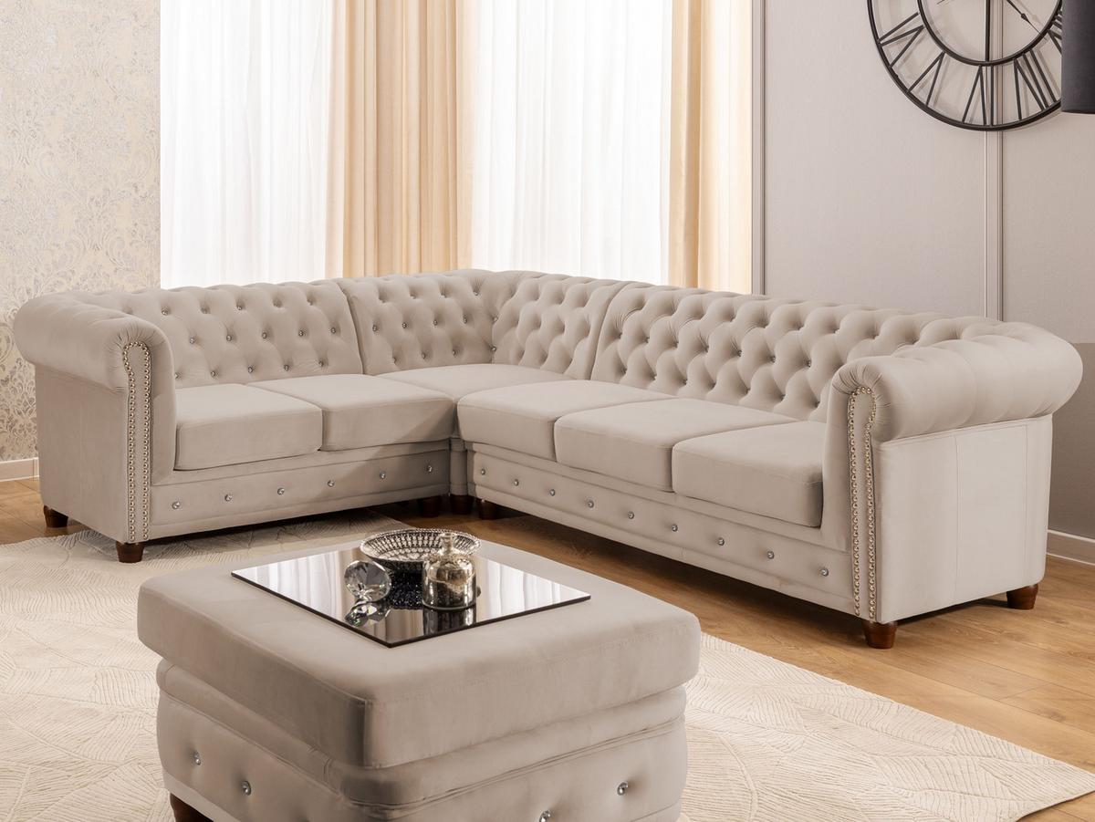 ECKSOFA mit Schlaffunktion Chesterfield Beige Samt mit Kristallsteppung und braunen Massivholzfüßen - Ottomane Links - Beige/Braun, Holz/Textil (264/210cm) - S-Style