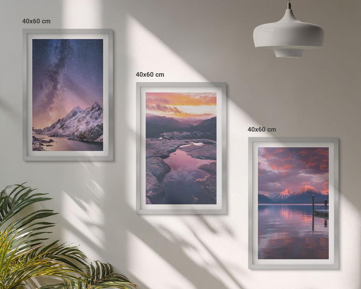 BILDER SET 3er Set - 40x60 cm Silberner Rahmen - Berge, Wasser, wunderschöne Landschaften - Silberfarben, Kunststoff (40/60cm) - TULUP