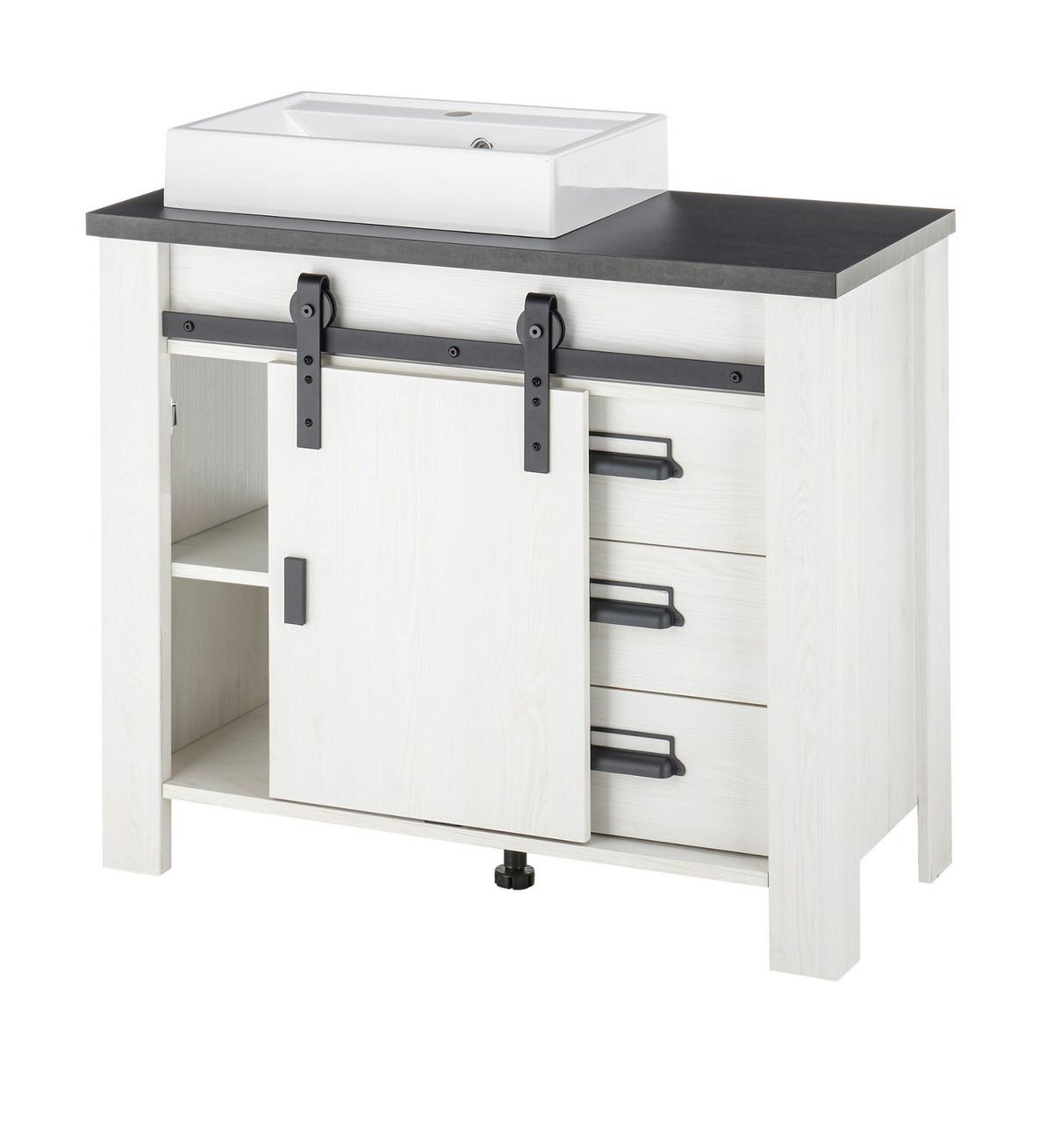 BADMÖBEL-SET 5-teilig weiß Pinie, anthrazit Landhaus, Badkombination mit Waschbecken und Spiegellampe - Anthrazit/Weiß, Holzwerkstoff/Metall (208/210/43cm) - Furn.Design