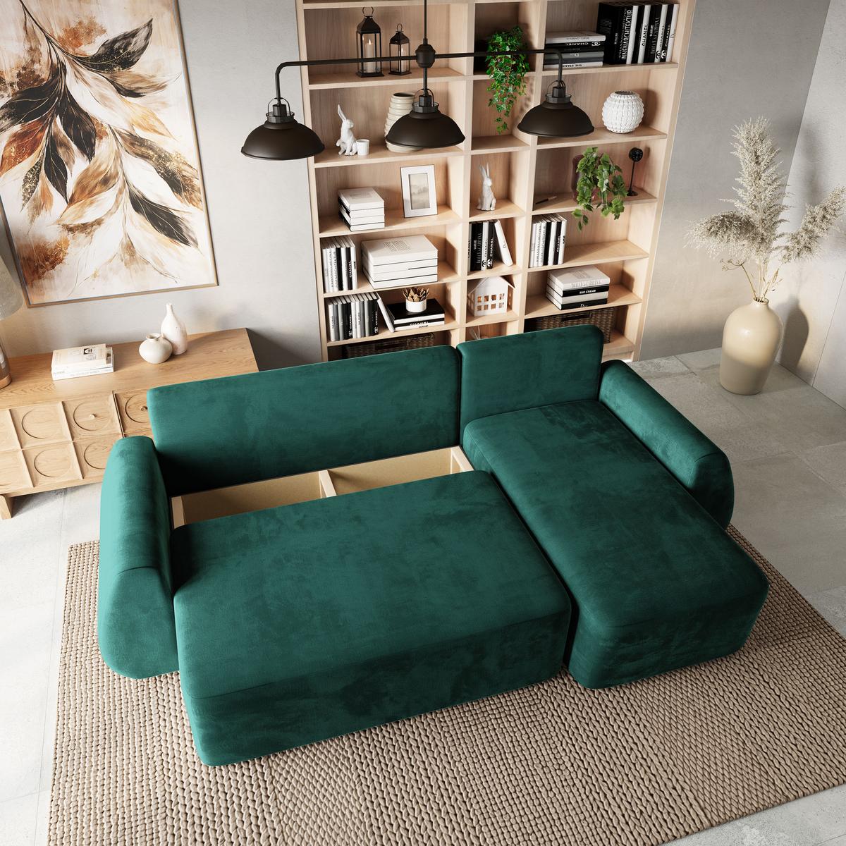 ECKSOFA GALVIS Grün Velours-Stoff mit Schlaffunktion - Grün, Holz (256/156cm) - MASSENO