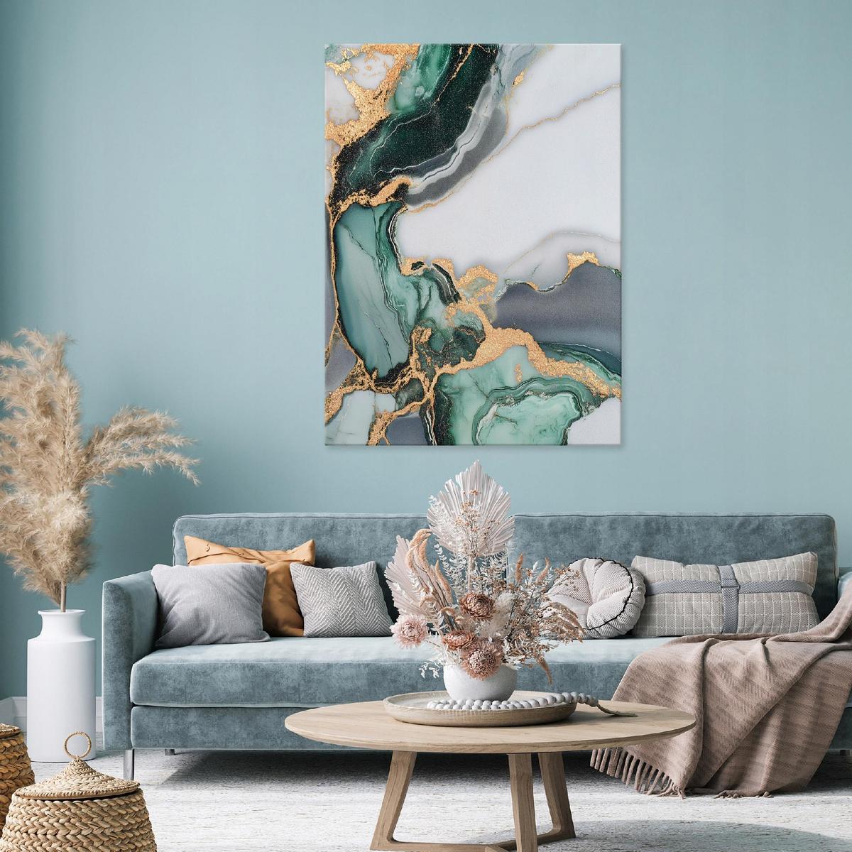 LEINWANDBILD Abstrakt Marmor Grün Gold Modern Wohnzimmer 100x70 - Grau, Holzwerkstoff (70/100cm) - Wallarena