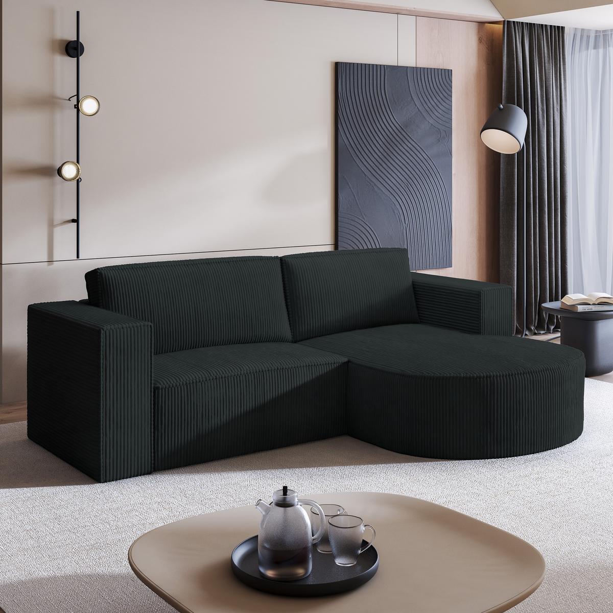 ECKSOFA SORELA P R-S Schwarz Kordstoff mit Schlaffunktion - Schwarz, Holz (263/174cm) - MASSENO