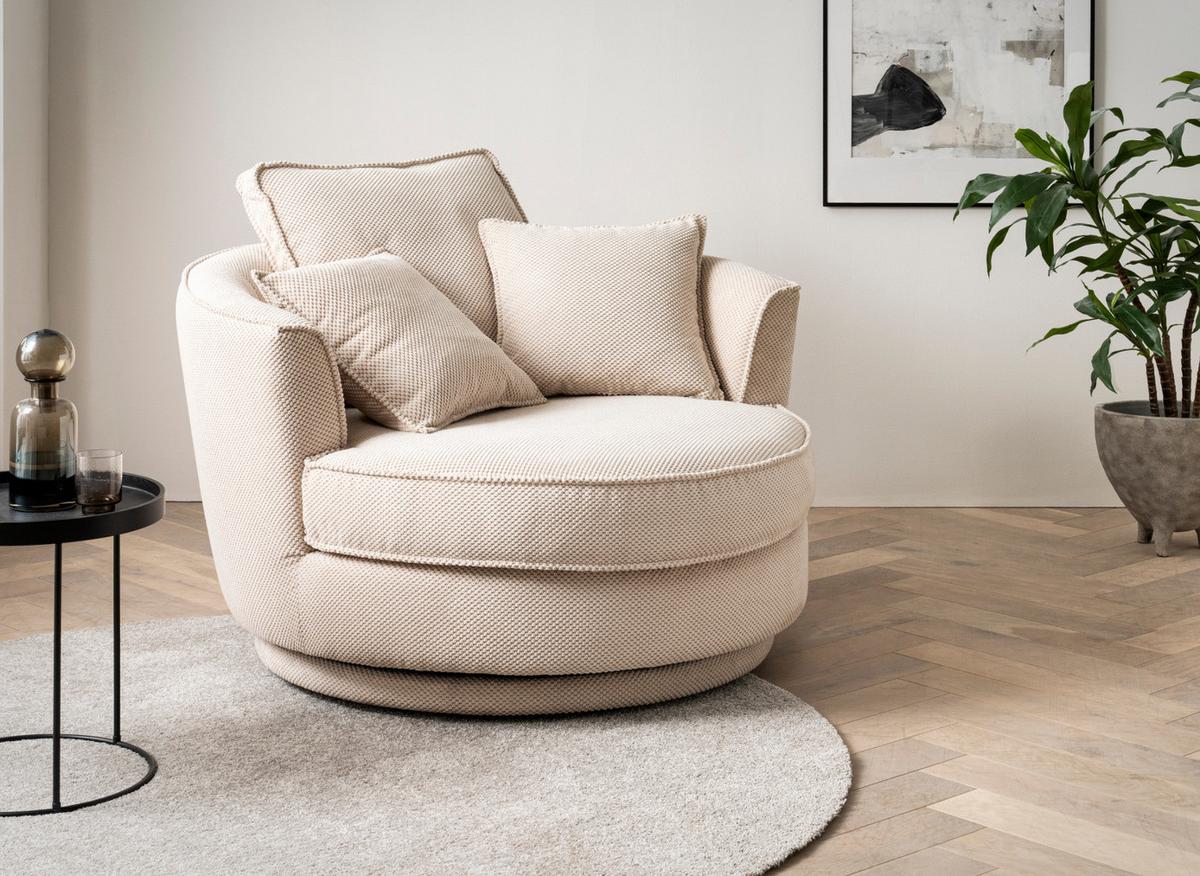 DREHSESSEL wollweiß Web-Velours, XL Sessel 360° drehbar inklusive 3 x Kissen - Creme/Weiß, Kunststoff/Textil (120/86/120cm)