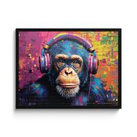POSTER MIT RAHMENGERAHMTES BILD Graffiti - Schimpanse - Straßenkunst - Kopfhörer - Affe 80x60 cm - Blau, Papier (80/60cm) - MuchoWow