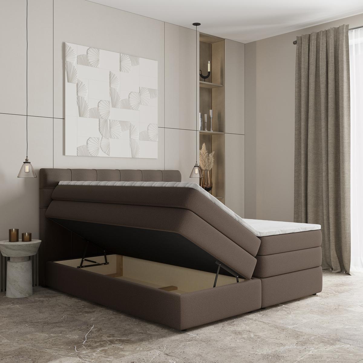BOXSPRINGBETT AREZI 140x200 cm mit Matratze und Topper - Braun - Braun, Holz (140/200cm) - MASSENO