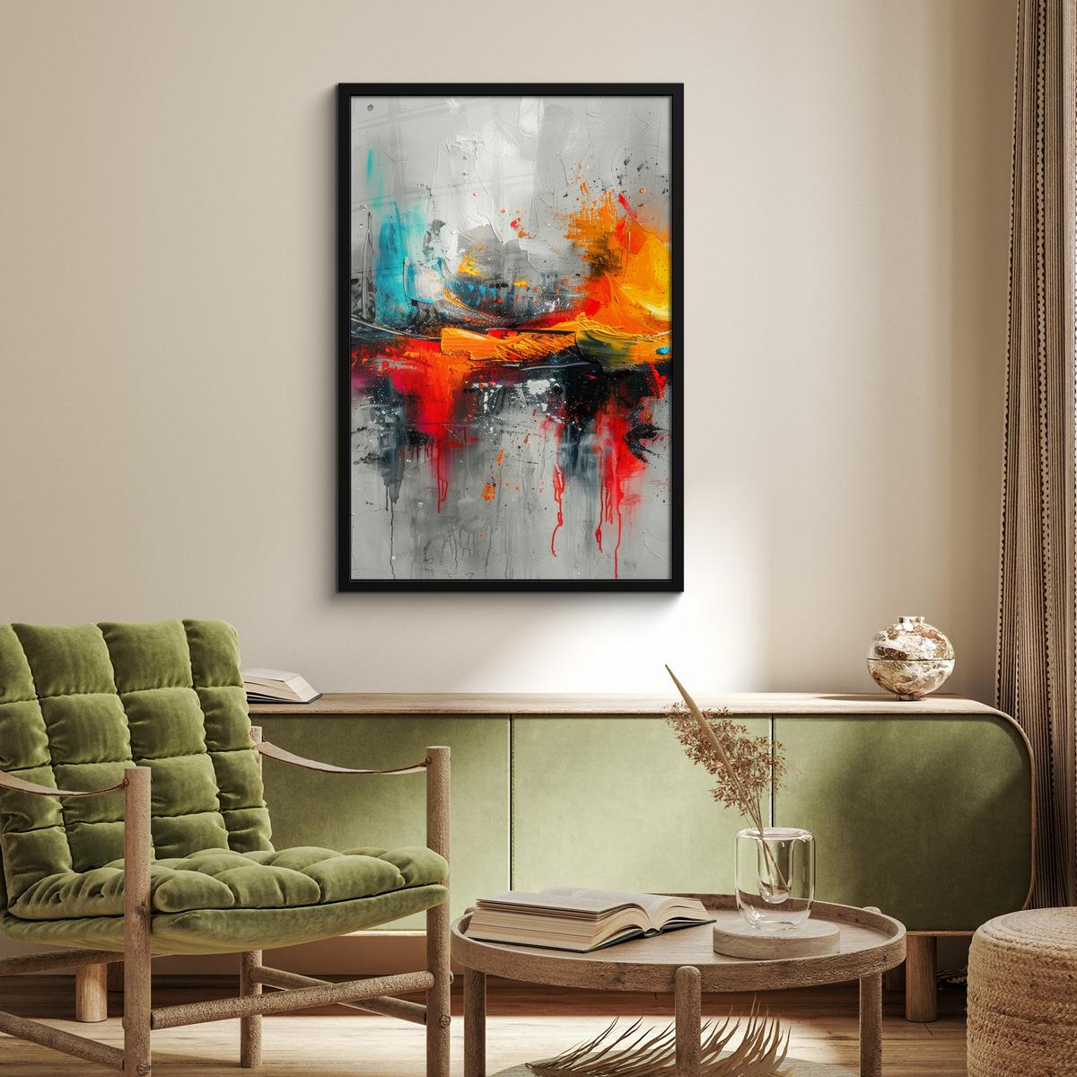 POSTER MIT RAHMENGERAHMTES BILD Moderne Kunst - Orange - Grau - Abstrakt 60x90 cm - Hellgrau, Papier (60/90cm) - MuchoWow