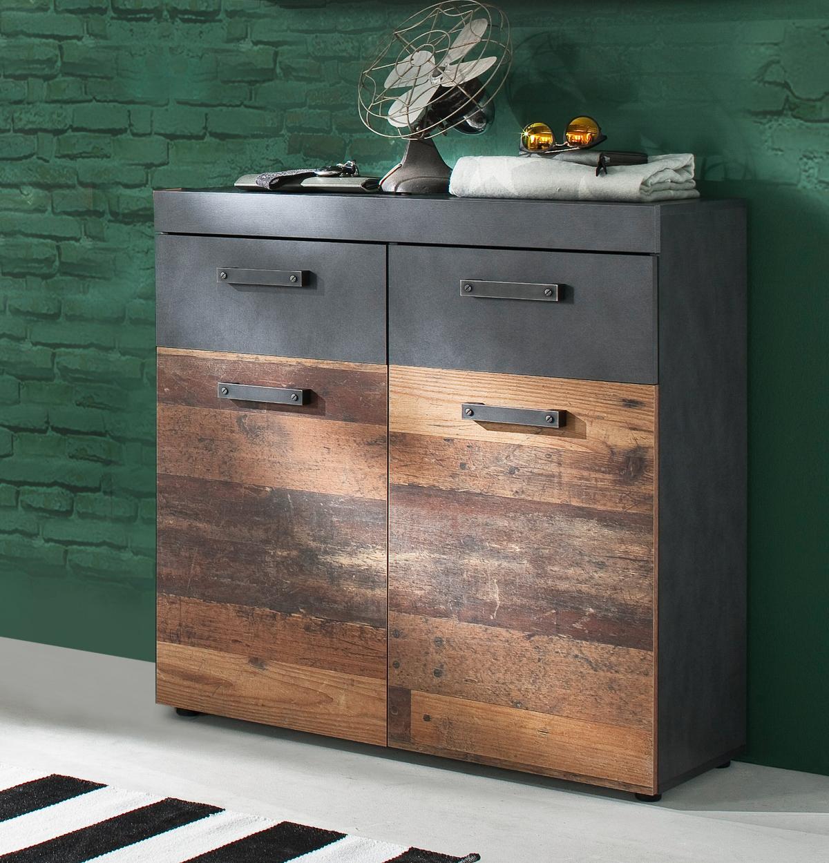 SCHUHSCHRANK Used Wood Vintage mit grau, Flurkommode 90 x 89 cm - Silberfarben/Schwarz, Holzwerkstoff/Kunststoff (90/89/34cm) - Top.Furn