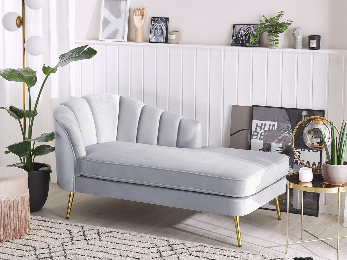 CHAISELONGUE Samtstoff hellgrau linksseitig Allier - Goldfarben/Grau, Textil (150/75/76cm) - Beliani