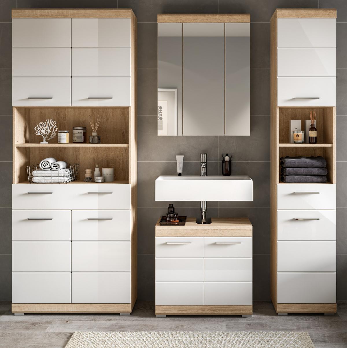 BADMÖBEL-SET weiß Hochglanz, Eiche 4-teilig 186 cm, viel Stauraum - Weiß Hochglanz/Eichefarben, Holzwerkstoff (186/191/34cm) - Inn.Furn