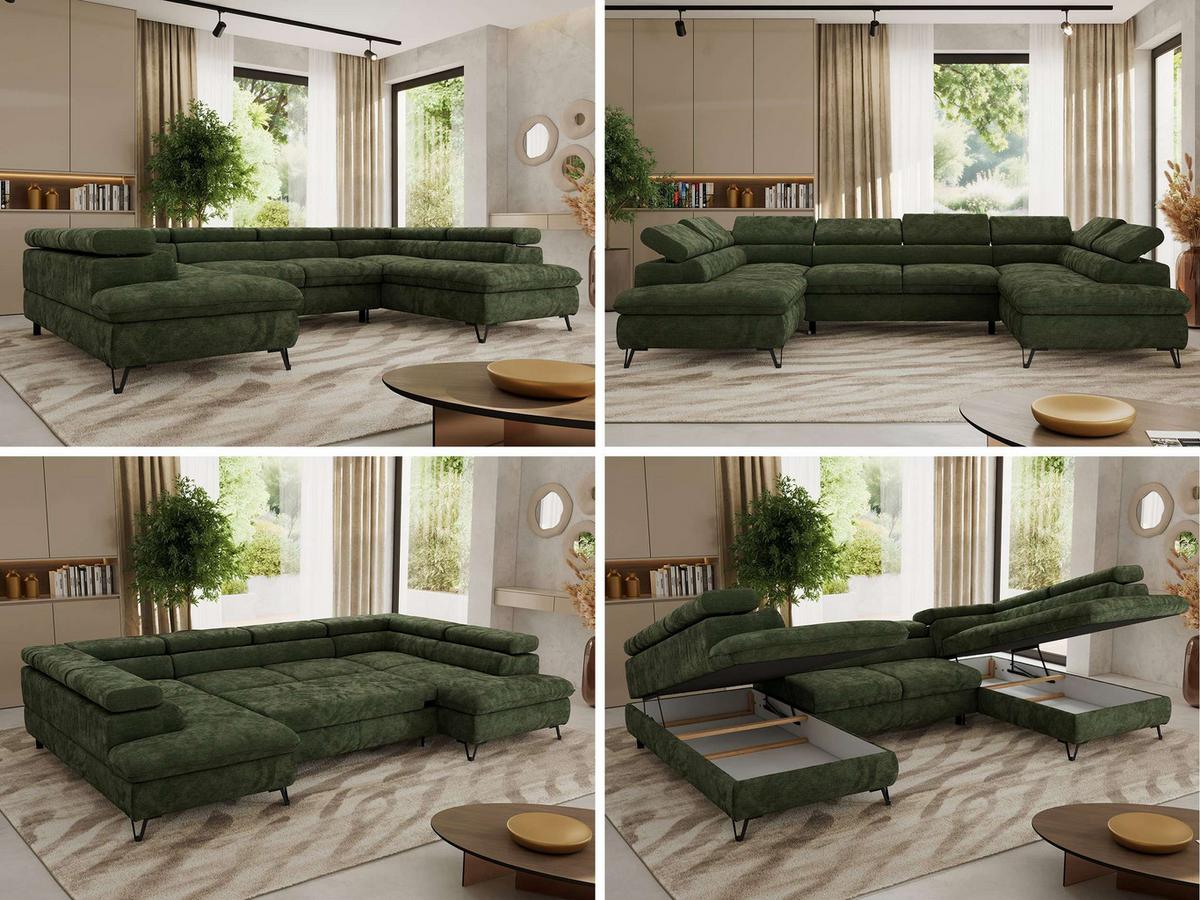 WOHNLANDSCHAFT PABLO U Schenille glatt Dunkelgrün - Dunkelgrün/Schwarz, Textil/Metall (346/76/208cm) - MKS