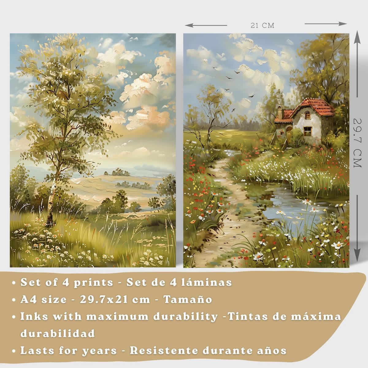 POSTER 4er Bilder-Set Wandbilder Impressionismus Landschaft modern Wohnzimmer Deko, Schlafzimmer, Küche, Badezimmer Leichter Holzrahmen A4 - Beige, Papier (29.7/1/21cm) - Nacnic