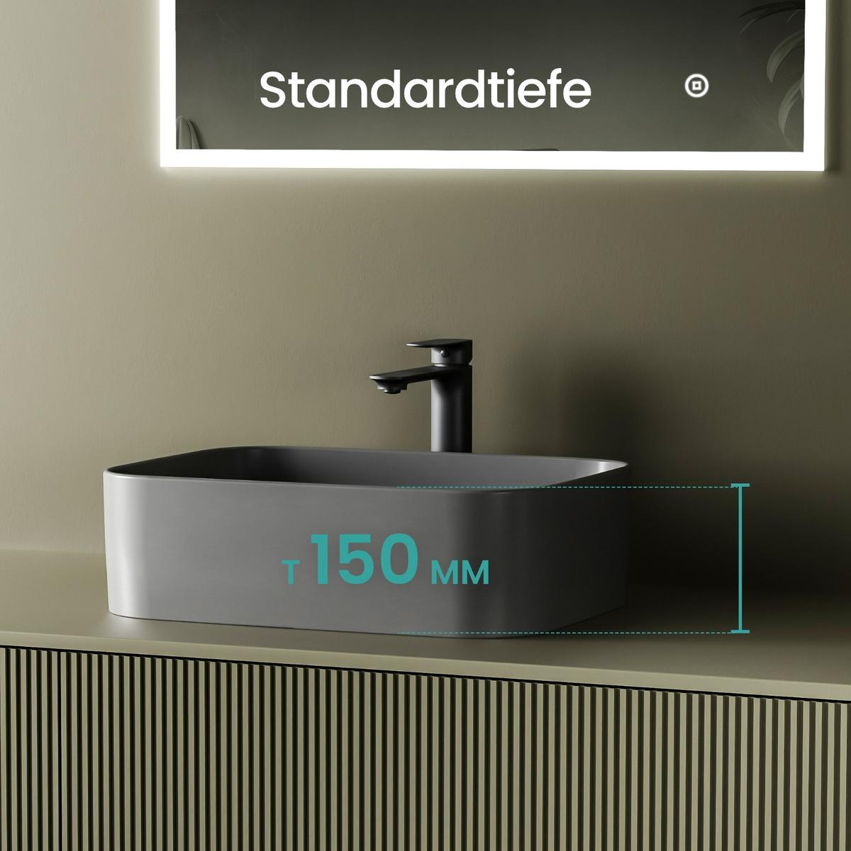 WASCHBECKEN Keramik Rechteck Abgerundete Matt Dunkelgrau 50,5 / 38 / 15 cm - Schwarz, Keramik (50.5/15/38cm) - EMKE