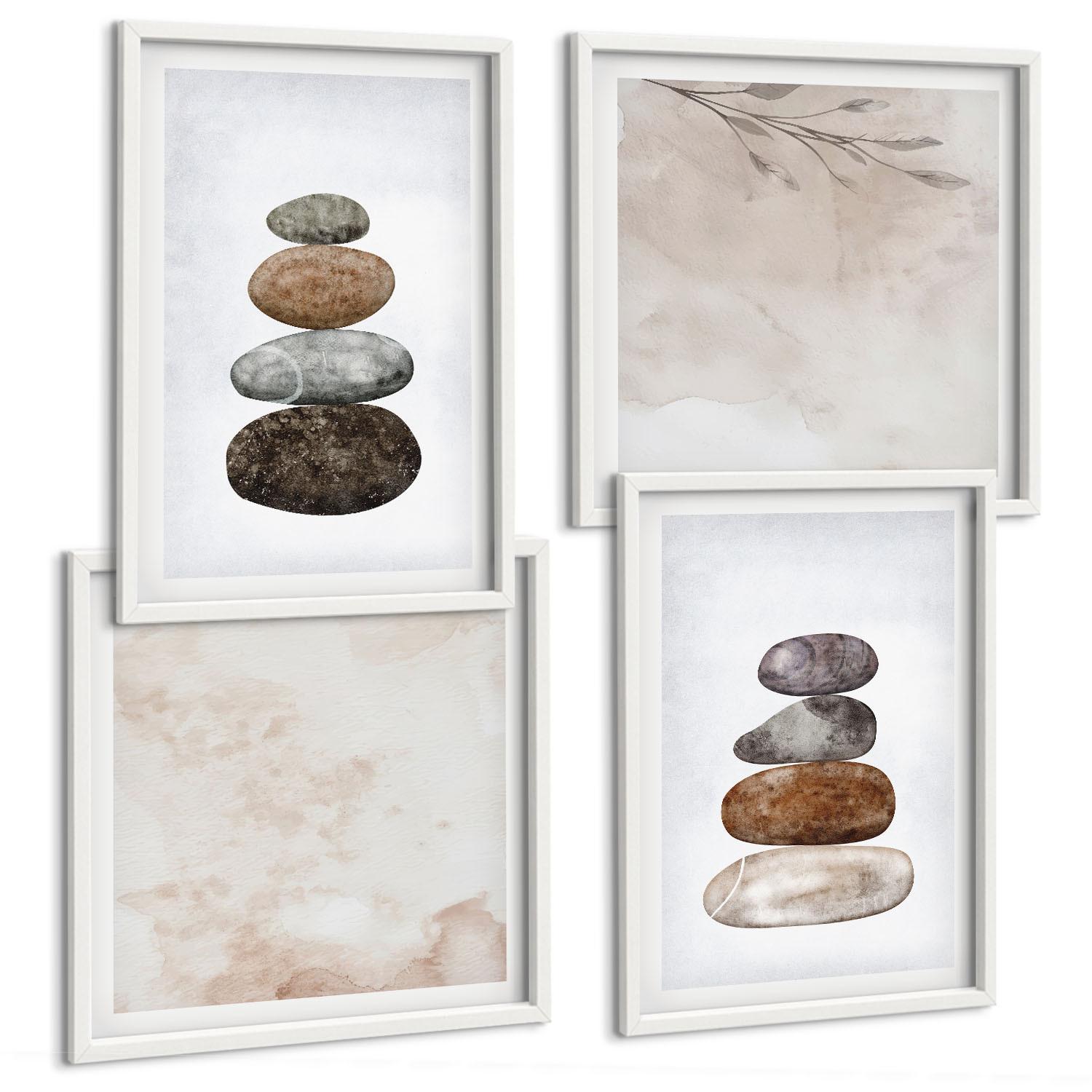 BILDER SET 4er Set - 50x50 cm & 40x60 cm Weißer Rahmen - Steinstapel-Boho-Malerei - Weiß, Kunststoff (50/50cm) - TULUP