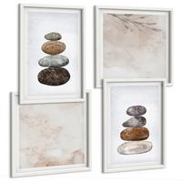 BILDER SET 4er Set - 50x50 cm & 40x60 cm Weißer Rahmen - Steinstapel-Boho-Malerei - Weiß, Kunststoff (50/50cm) - TULUP