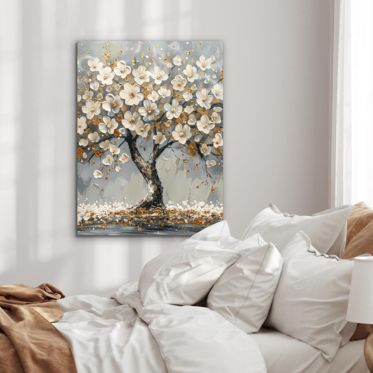 METALLBILD Baum - Blumen - Weiß - Natur - Kunst 60x80 cm - Weiß, Metall (60/80cm) - MuchoWow