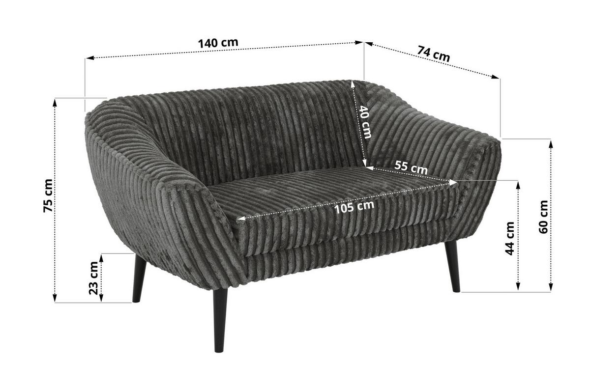 2-SITZER-SOFA PIRS - Grau Cord - Schwarze Beine - Schwarz/Grau, Holzwerkstoff/Textil (140/75/74cm) - MKS