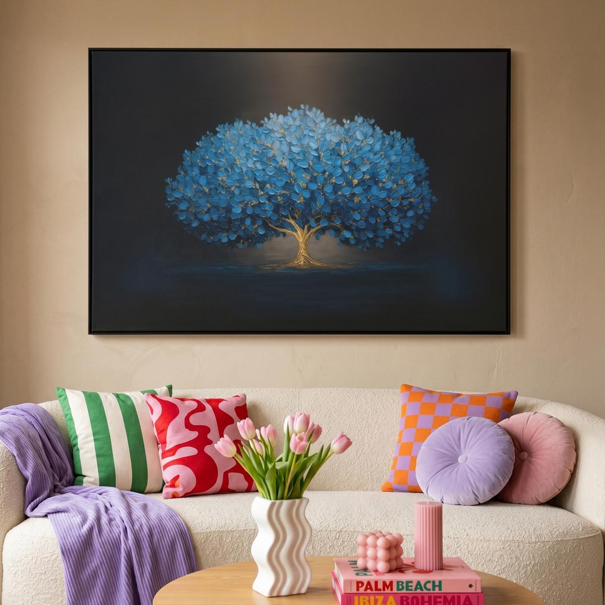 LEINWAND Bilder mit Rahmen - Baum - Blau - Blätter - Pinselstriche - 150x100 - Blau, Textil (150/100cm) - MuchoWow
