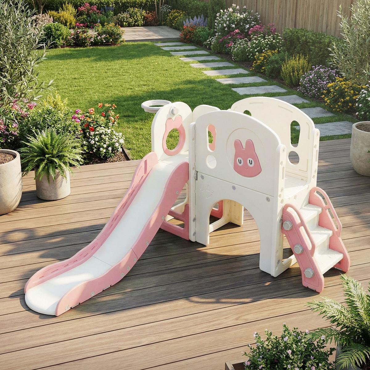 KINDERRUTSCHE mit Spielturm und Basketballkorb Rosa aus Kunststoff - Pink, Kunststoff (134.5/94.5/162cm) - Joyz