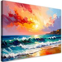 LEINWANDBILD Strand Meer Wellen Landschaft wie gemalt 90x60cm - Multicolor, Textil (90/60cm) - Feeby