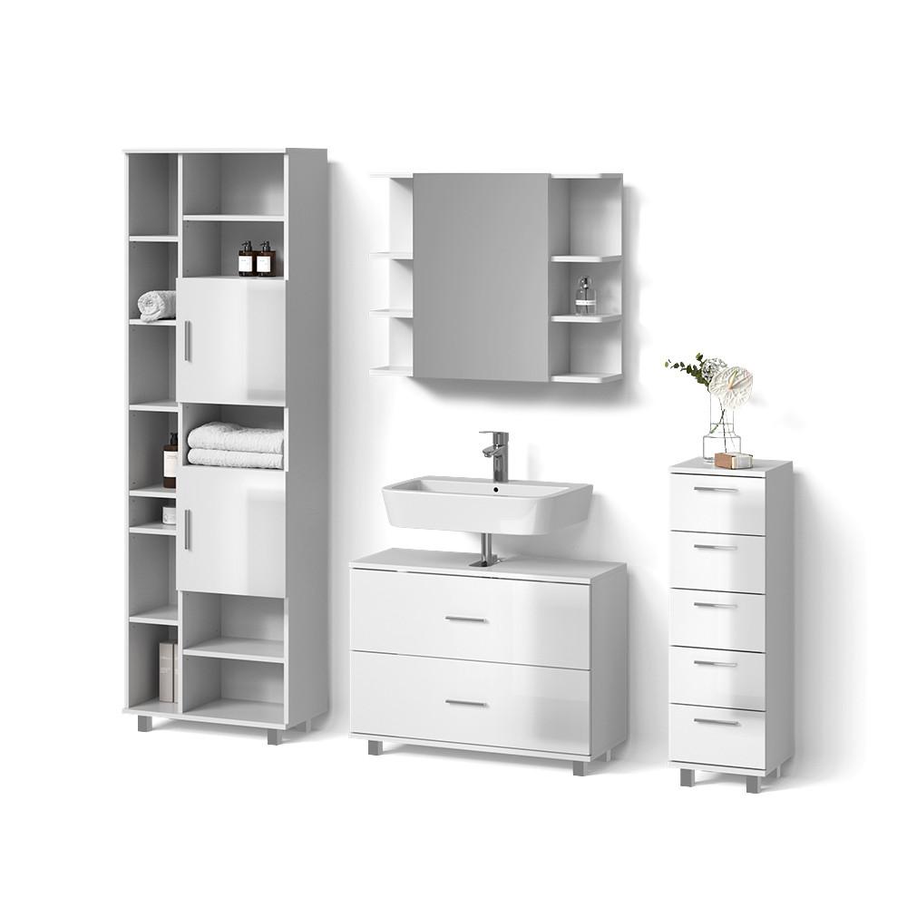 BADMÖBEL-SET Eisak Weiß Hochglanz 4 Teile, mit Hochschrank - Weiß Hochglanz, Holzwerkstoff (80/60/33cm) - Livinity®