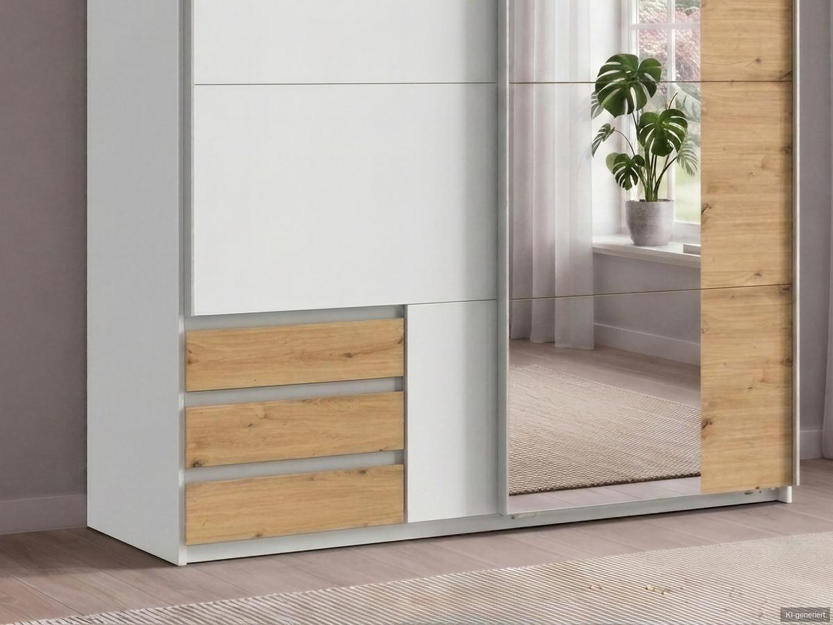 SCHWEBETÜRENSCHRANK 2-türig B135/H198/T65 cm, Kleiderschrank in Weiß mit Spiegel, 1x Tür & sichtbare Schubkästen in Eiche Artisan Dekor / 22676 - Eichefarben/Alufarben, Holz/Holzwerkstoff (135/198/65cm) - luma-home