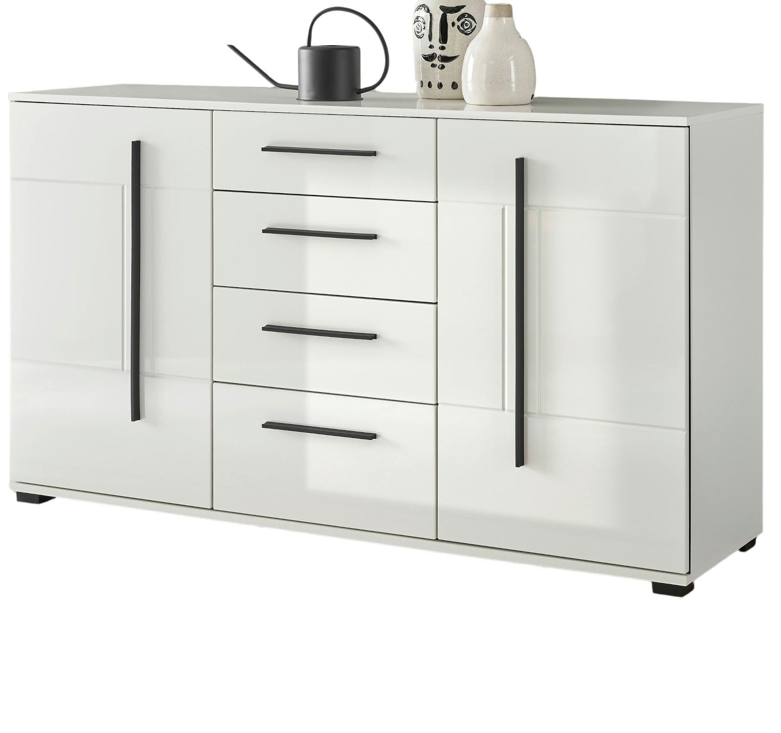 SIDEBOARD weiß Hochglanz 150 cm, Kommode mit Soft-Close - Weiß Hochglanz/Schwarz, Holzwerkstoff/Kunststoff (150/86/42cm) - Furn.Design