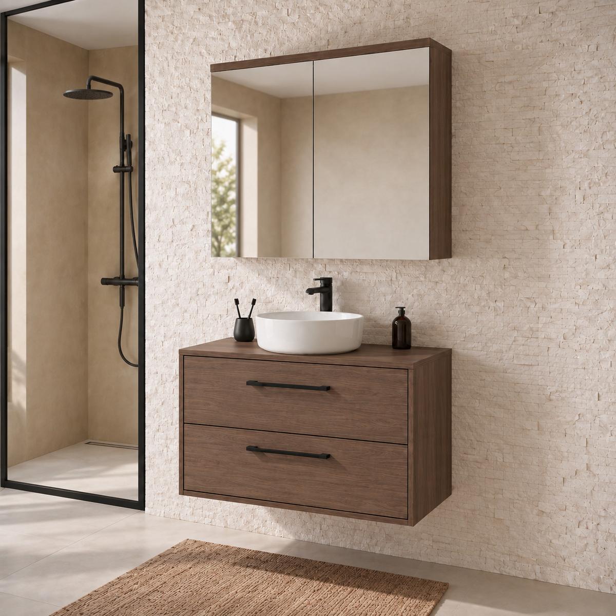 BADMÖBEL-SET Florence 2 Teile Walnuss Braun - 80 x 46 x 46 cm - Walnussfarben, Holz (80/46/46cm) - Badplaats