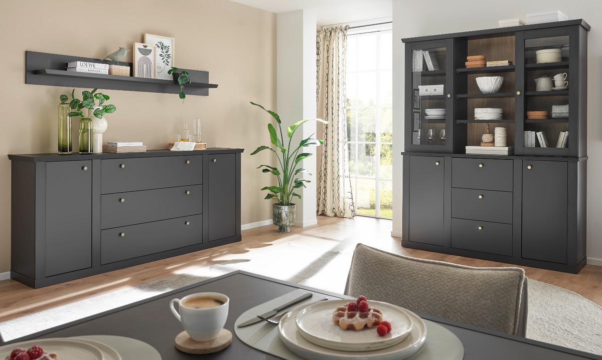 BUFFET schwarz matt, Eiche 158 cm, Buffetschrank Landhaus mit Soft-Close - Eichefarben/Messingfarben, Glas/Holzwerkstoff (158/201/42cm) - Furn.Design
