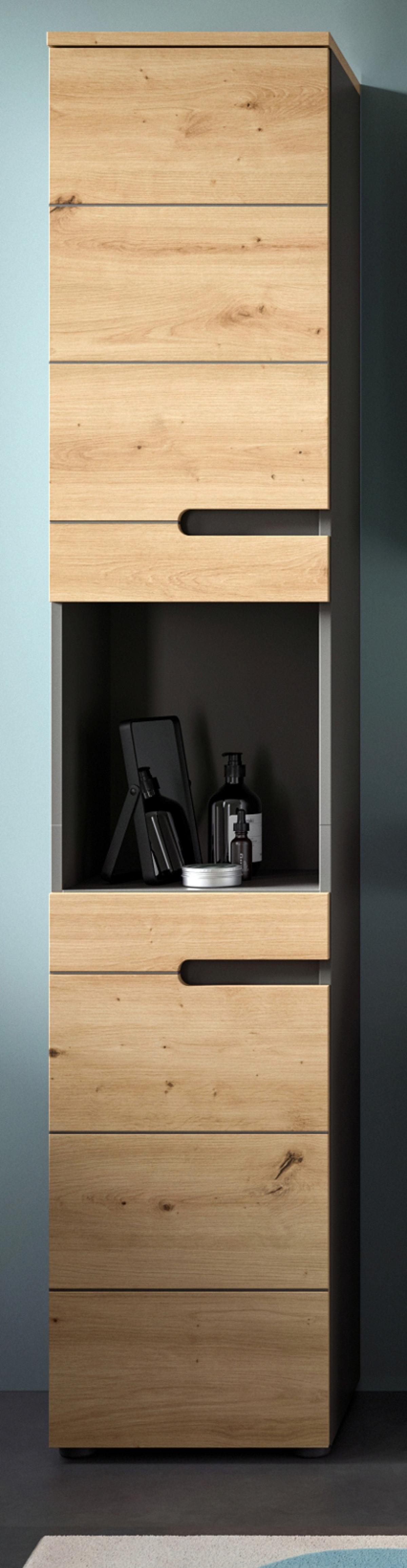 HOCHSCHRANK Eiche, grau 38 x 193 cm, Badschrank mit Soft-Close - Eiche Artisan/Grau, Holzwerkstoff/Kunststoff (38/193/34cm) - Inn.Furn
