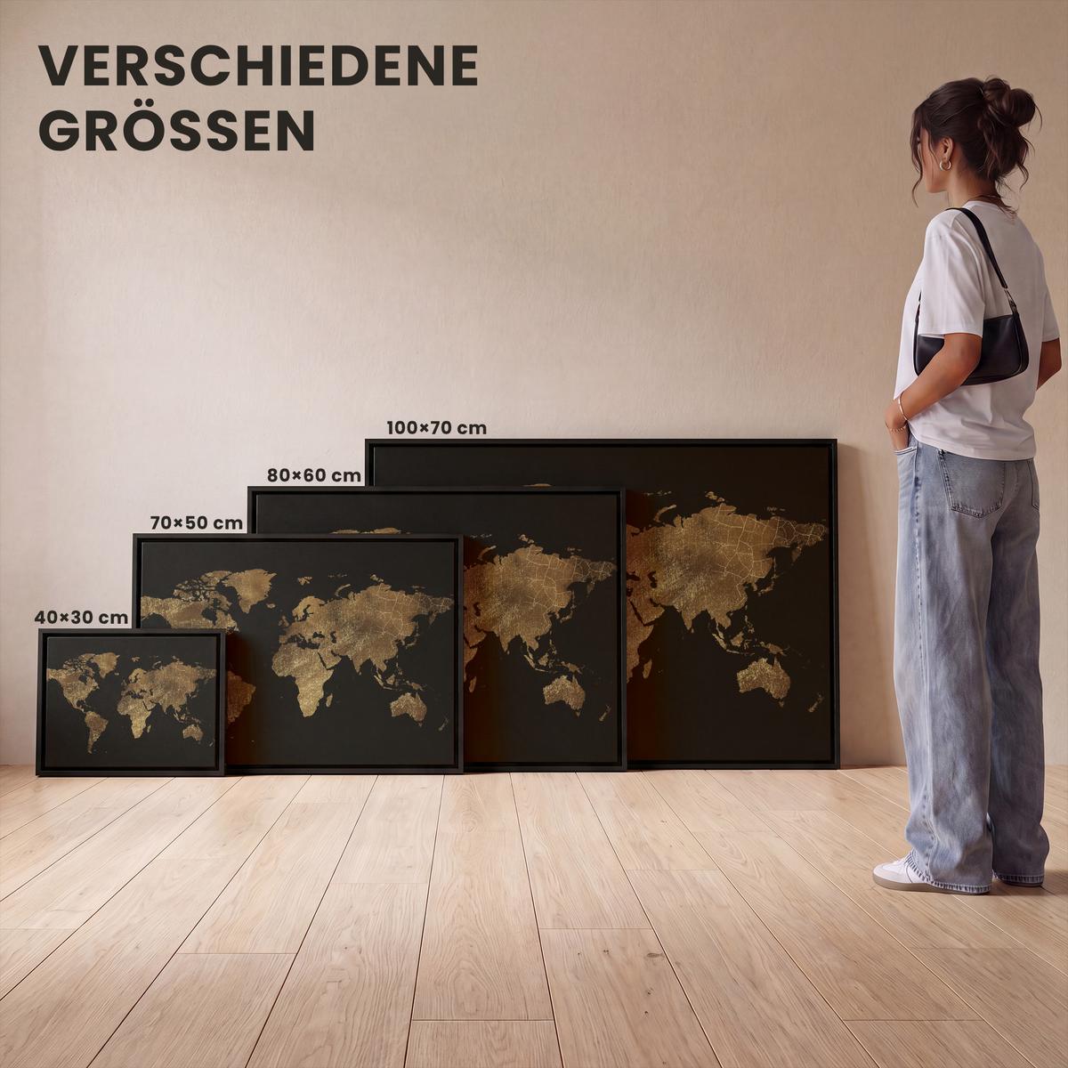 LEINWAND Bilder mit Rahmen - Weltkarte - Gold - Luxus - Erde - Schwarz - 80x60 - Goldfarben, Textil (80/60cm) - MuchoWow