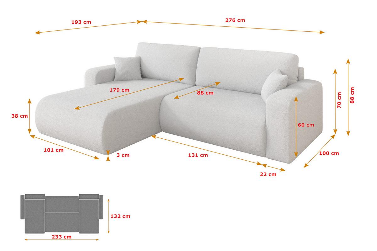 ECKSOFA mit Schlaffunktion Ottomane Links BERY-L 276x193x88 Weiß Bouclé - Schwarz/Weiß, Holzwerkstoff/Kunststoff (276/193cm) - ALTDECOR