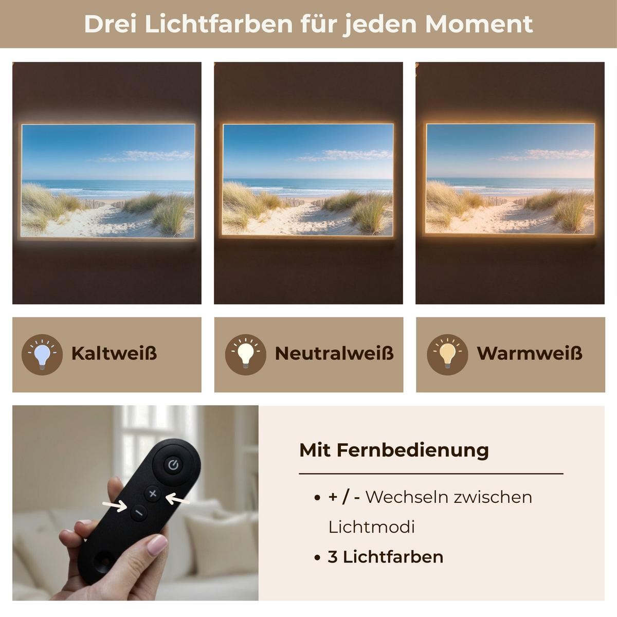 WANDLEUCHTE MIT AKKU Strand - Meer - Düne - Sand - Sommer 100x70 cm - Sandfarben, Holzwerkstoff (100/70/8cm) - OnlyWow