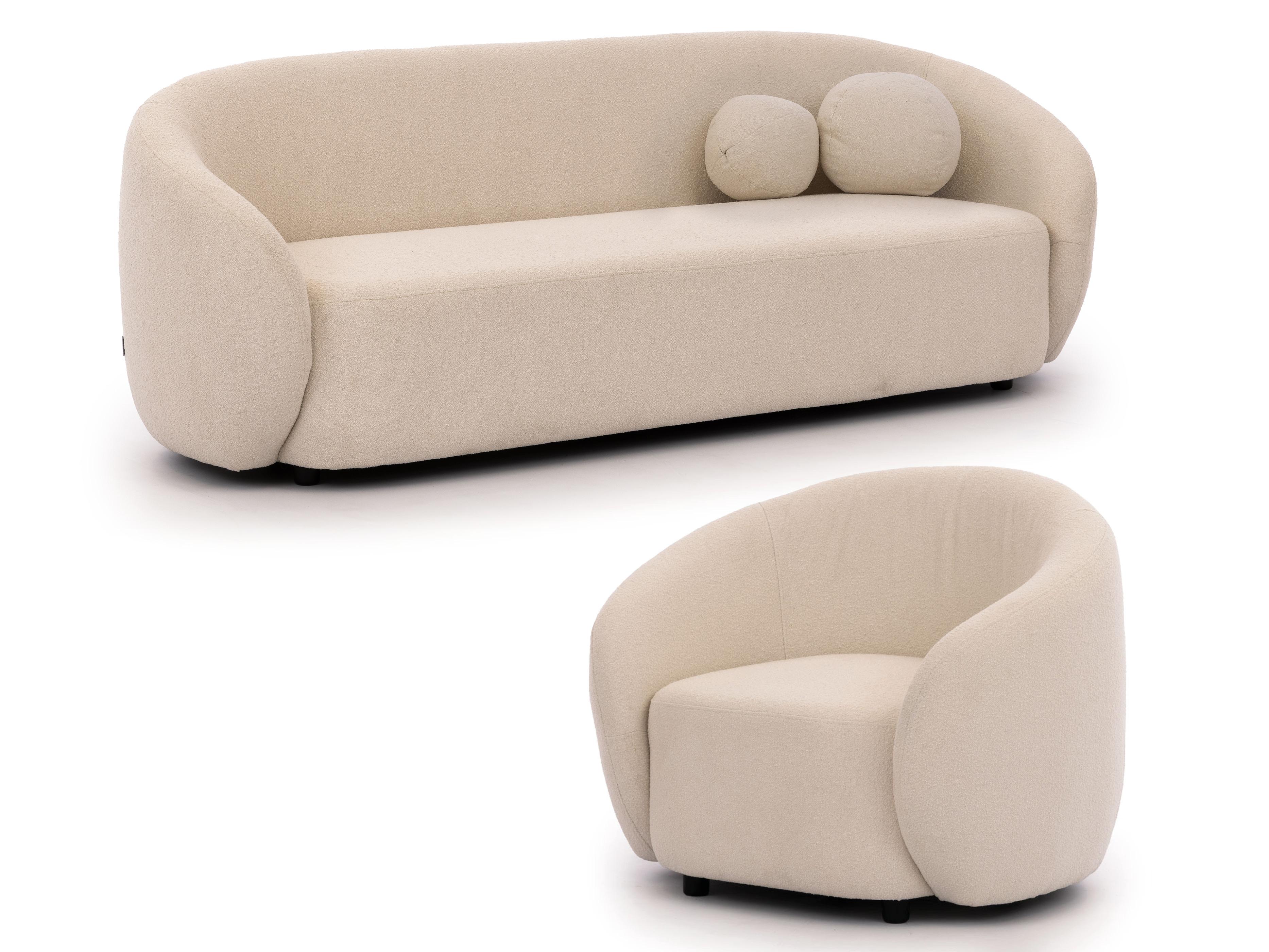 SITZGARNITUR 3+1 Roundi Cremeweiß Bouclé - Creme/Schwarz, Holz/Kunststoff (208/76/80cm) - S-Style Möbel