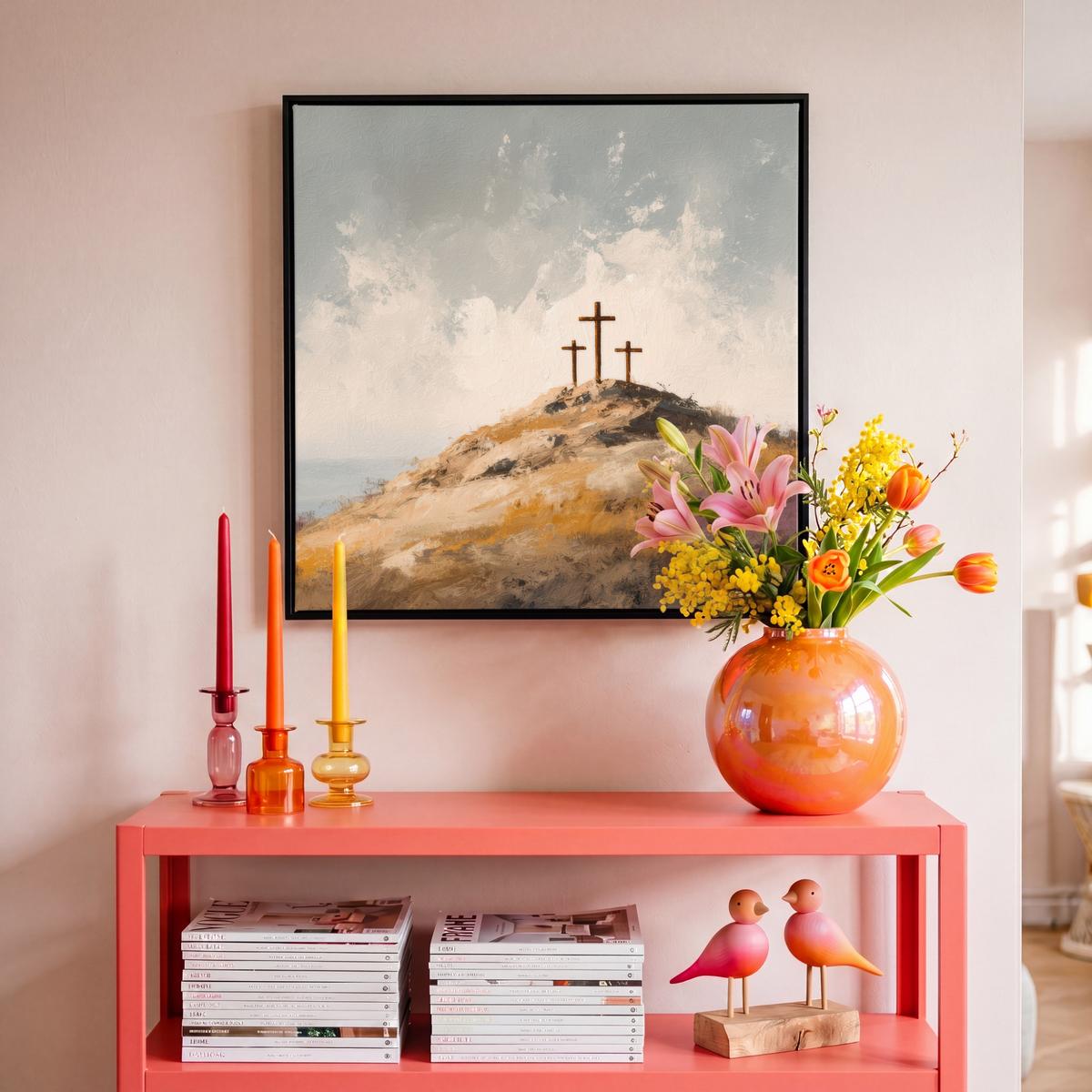 LEINWAND Bilder mit Rahmen - Hügel - Abstrakt - Christentum - Kreuz - 50x50 - Hellgrau, Textil (50/50cm) - MuchoWow