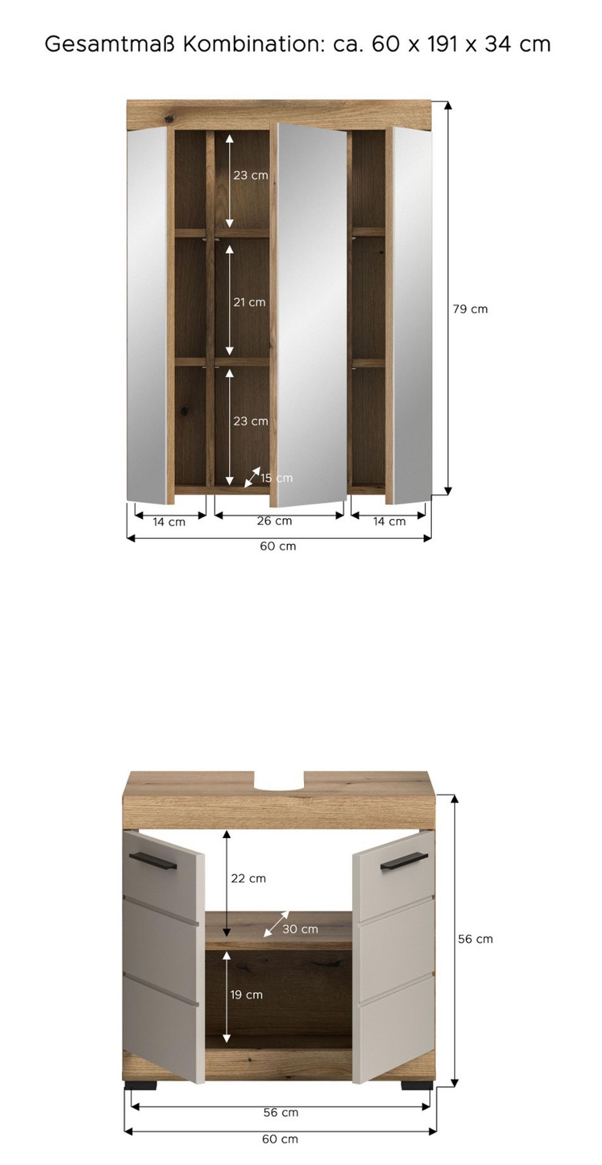 BADMÖBEL-SET 2-teilig Sand Kaschmir, Evoke Eiche, Badkombination 60 x 191 cm - Kaschmir/Eichefarben, Glas/Holzwerkstoff (60/191/34cm) - Inn.Furn