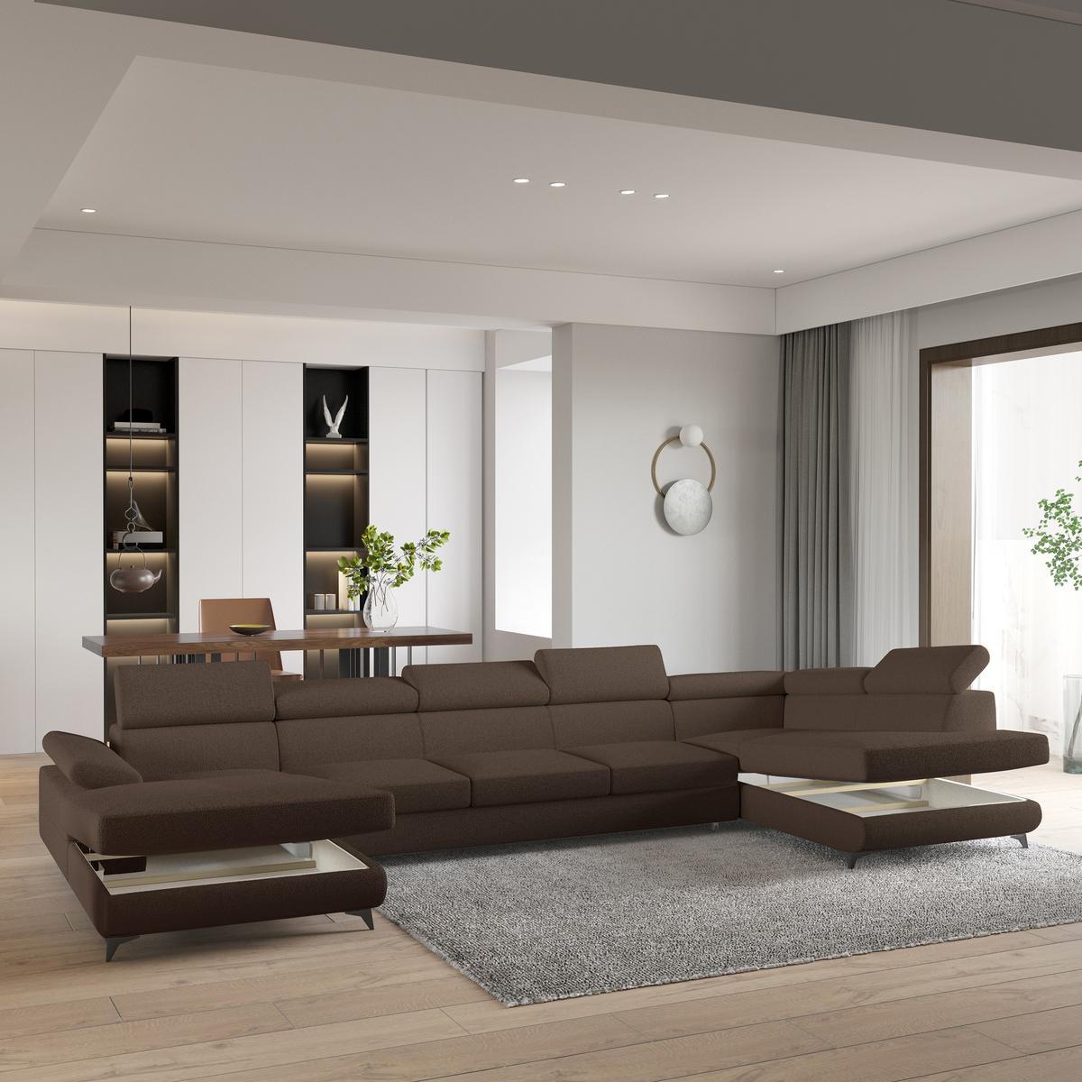 WOHNLANDSCHAFT MONTIVA Braun Boucle-Stoff mit Schlaffunktion - Braun, Holz (410/89/190cm) - MASSENO