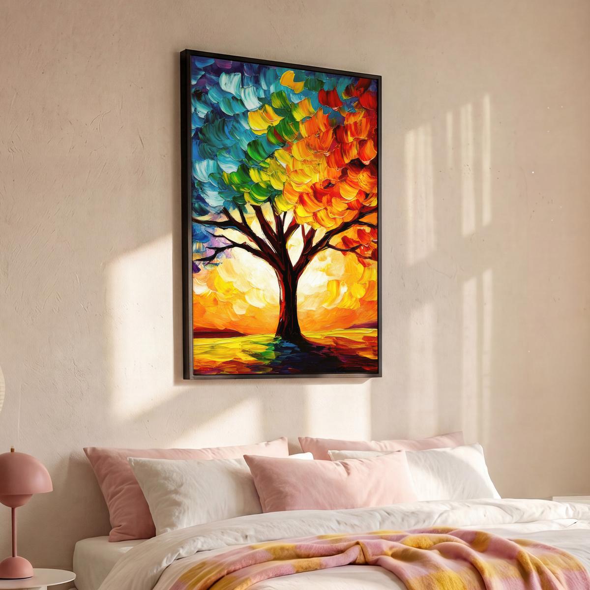 LEINWAND Bilder mit Rahmen - Baum - Kunst - Natur - Sonnenuntergang - 80x120 - Multicolor, Textil (80/120cm) - MuchoWow