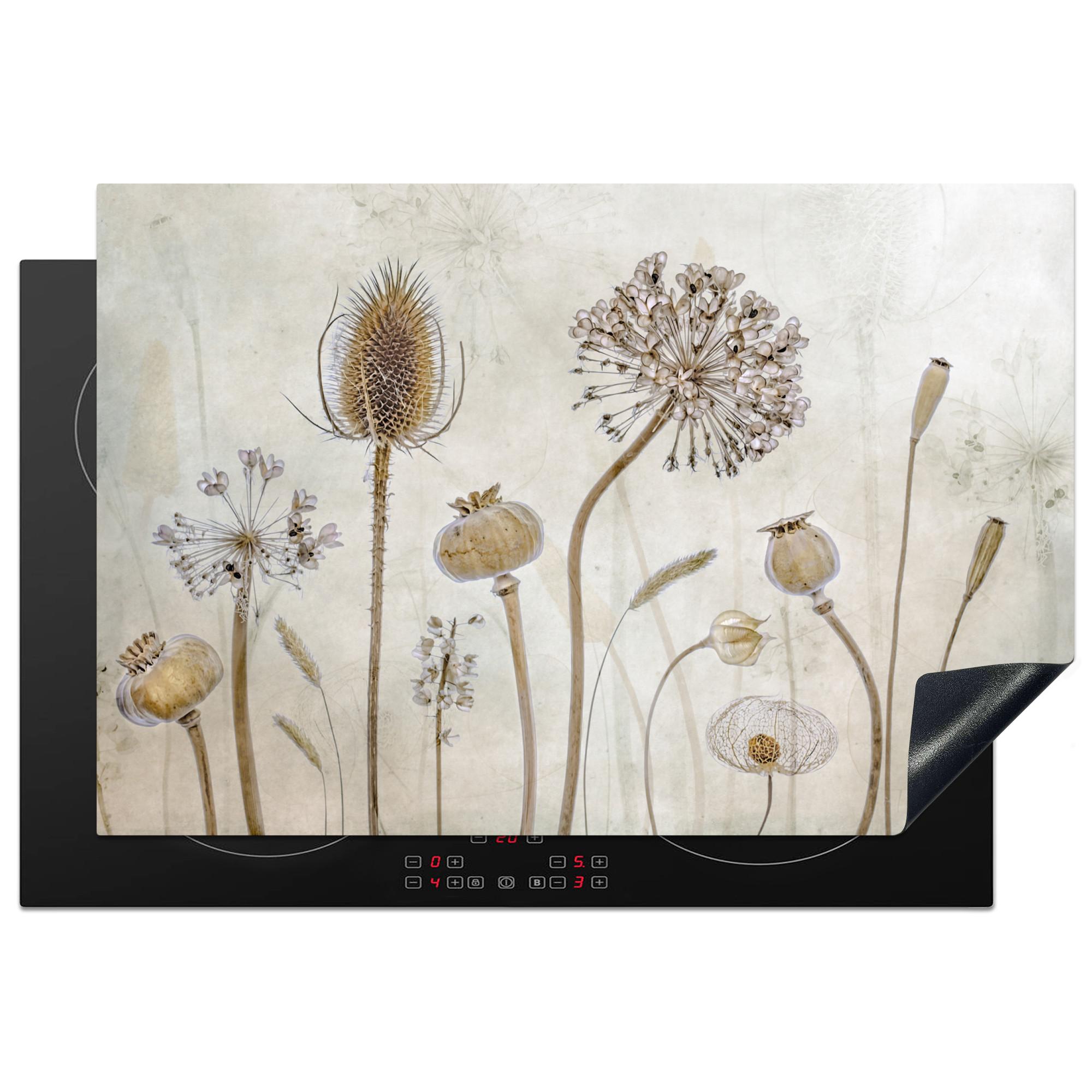 HERDABDECKPLATTE Blumen - Aquarell - Stilleben - Braun - Vintage Ceranfeldabdeckung 76x51.5 cm - Sandfarben, Kunststoff (76/51.5/0.2cm) - MuchoWow