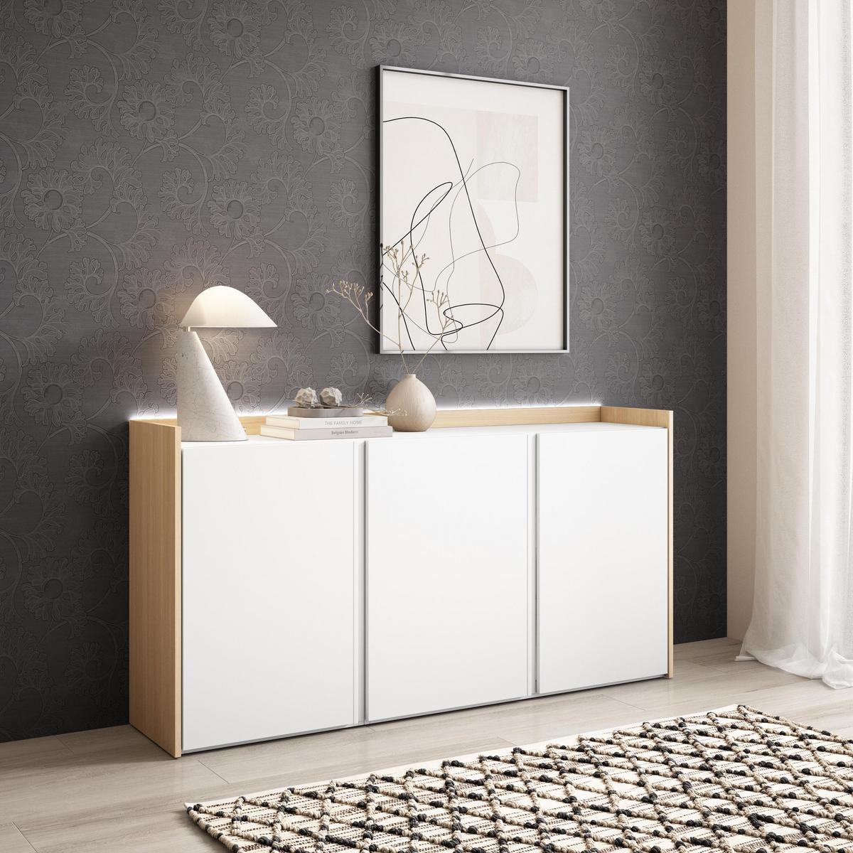 SIDEBOARD, Weiß und Eiche, 156/35/80cm, mit Led - Weiß, Holzwerkstoff (156/80/35cm) - Skraut Home