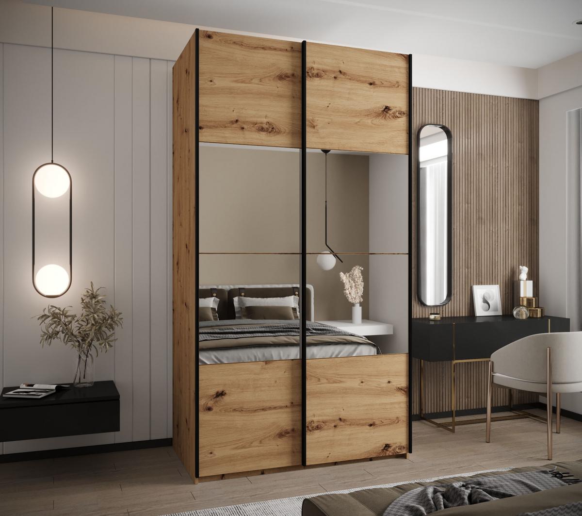 SCHWEBETÜRENSCHRANK 245,5/130/64 2-türig - Schwarz/Eiche Artisan, Holz/Metall (130/245/64cm) - Abiks Möbel