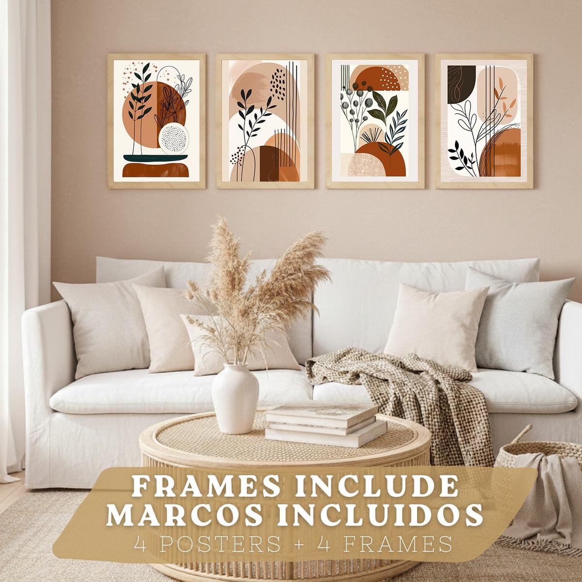 POSTER 4er Kunstdruck-Set Wandbilder Botanisch Abstrakt modern Wohnzimmer Deko, Schlafzimmer, Küche, Badezimmer Leichter Holzrahmen A3 - Beige, Papier (29.7/1/42cm) - Nacnic