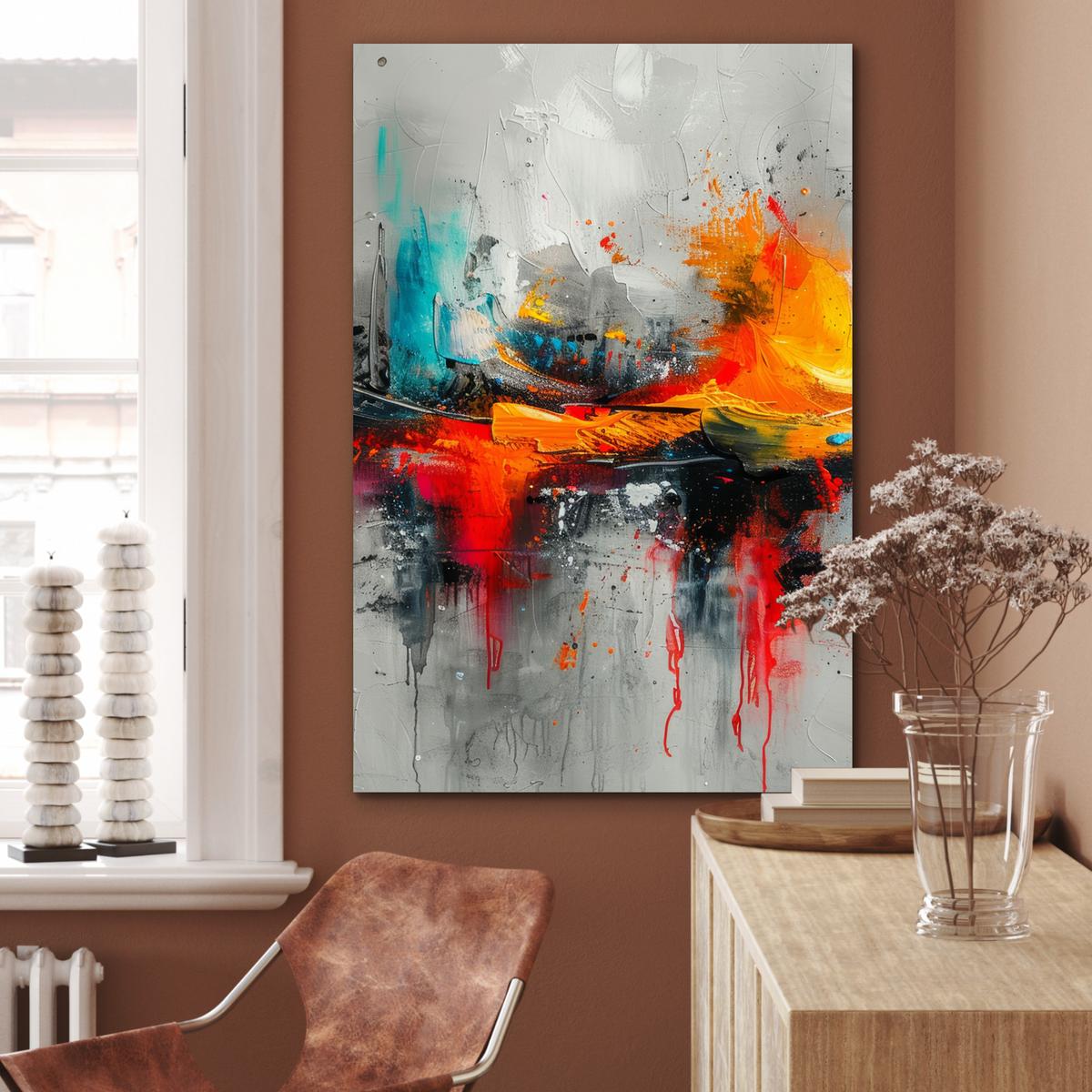 METALLBILD Moderne Kunst - Orange - Grau - Abstrakt 80x120 cm - Hellgrau, Metall (80/120cm) - MuchoWow