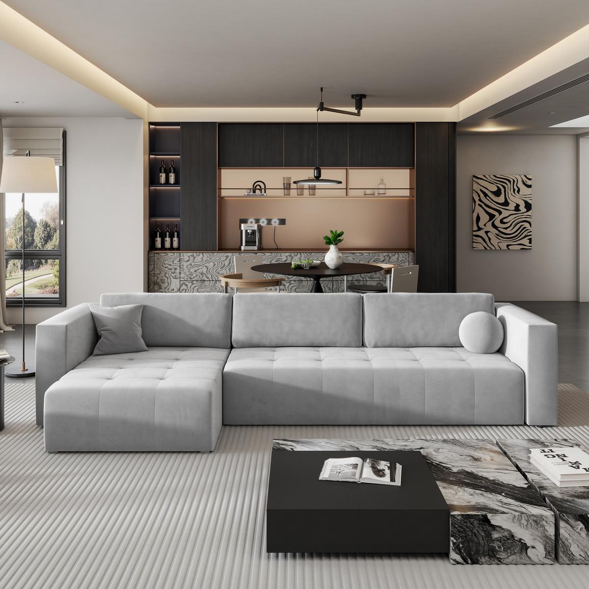 ECKSOFA OLVERA Hellgrau Plüsch-Stoff mit Schlaffunktion - Hellgrau, Holz (347/148cm) - MASSENO