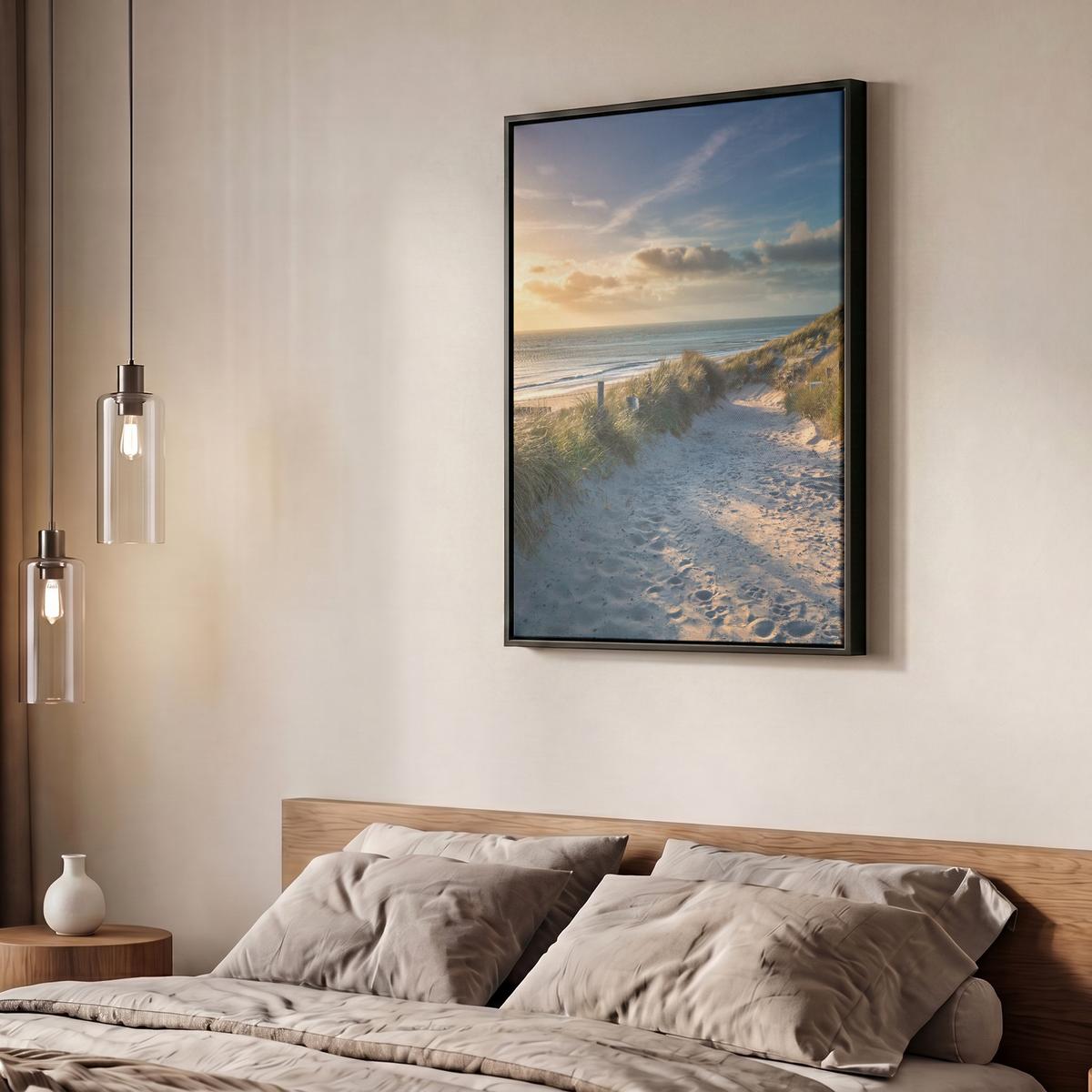 LEINWAND Bilder mit Rahmen - Sonnenuntergang - Strand - Düne - Gras - Ufer - 60x80 - Sandfarben, Textil (60/80cm) - MuchoWow