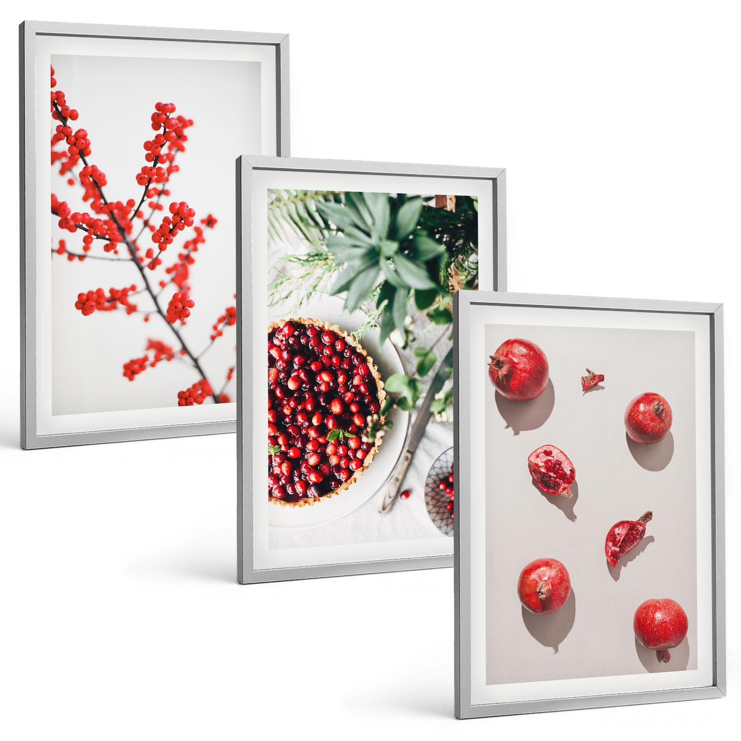 BILDER SET 3er Set - 40x60 cm Silberner Rahmen - Minimalismus der roten Früchte von Pflanzen - Silberfarben, Kunststoff (40/60cm) - TULUP