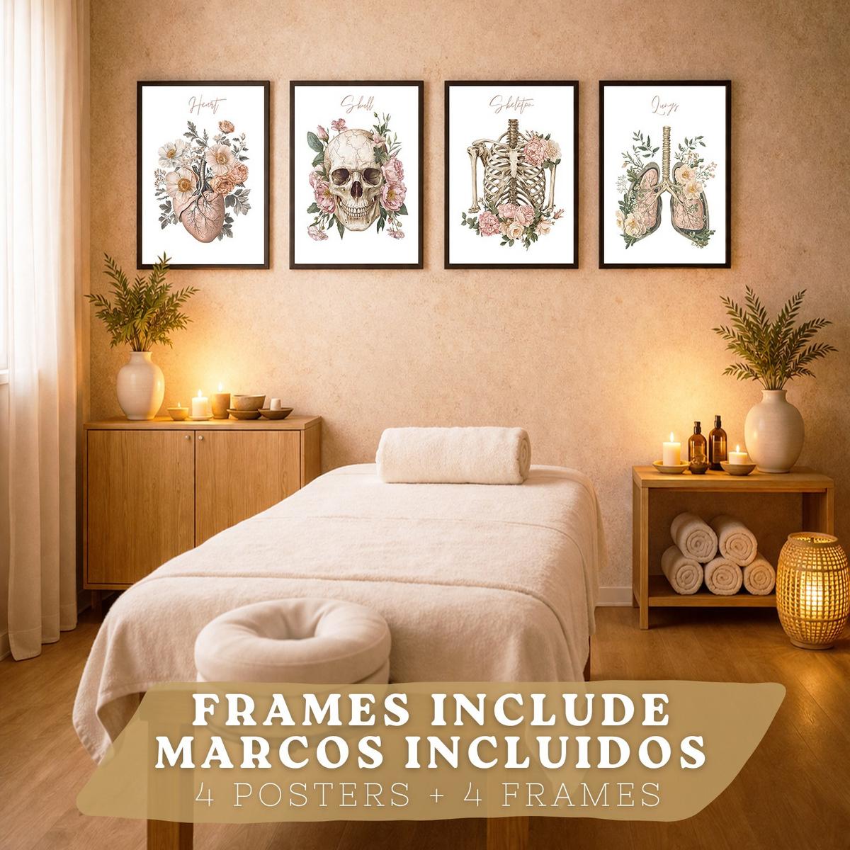 POSTER Set aus 4 Anatomie Mensch Florale Drucke und Wandbilder mit Herz Lungen Skelett und Schädel Stil Wanddekoration Größe Schwarzer Rahmen A4 - Schwarz, Papier (21/29.7/3cm) - Nacnic