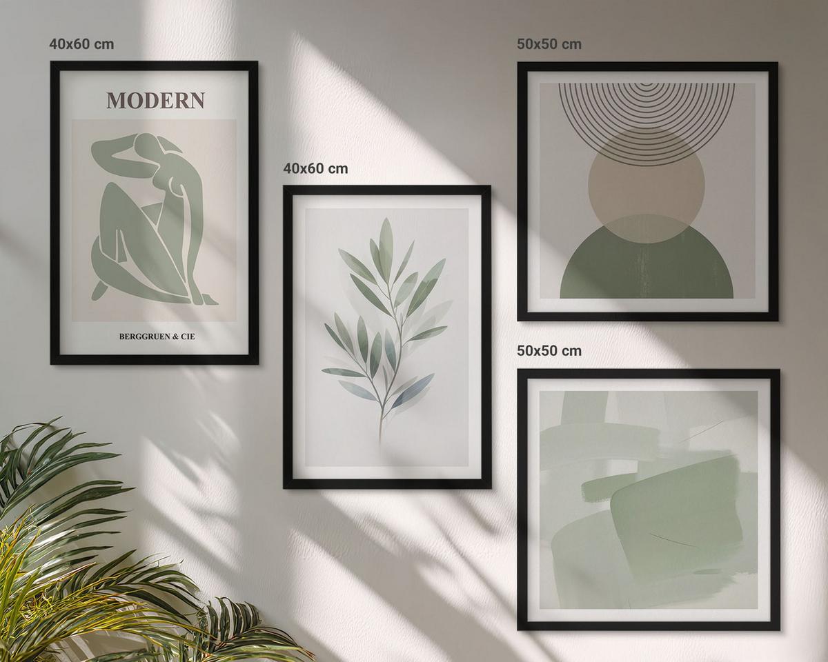 BILDER SET 4er Set - 50x50 cm & 40x60 cm Schwarzer Rahmen - Stilvolle abstrakte Pflanzengrafiken - Schwarz, Kunststoff (50/50cm) - TULUP