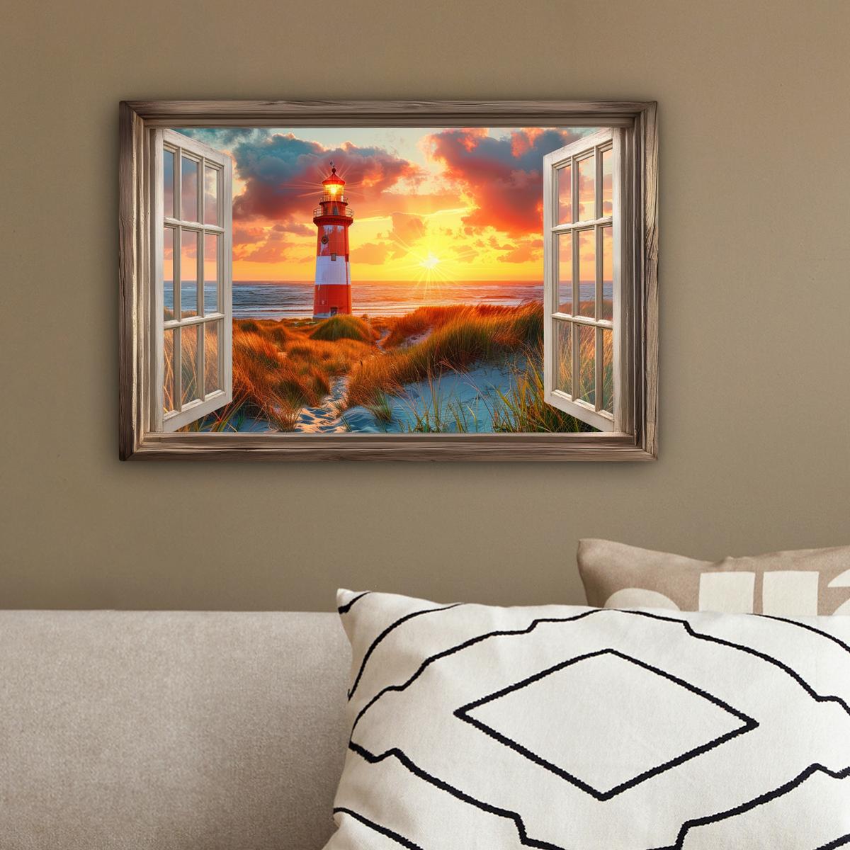 LEINWANDBILD Aussicht - Fenster - Leuchtturm - Sonnenuntergang - Strand Deko Schlafzimmer 30x20 cm - Dunkelorange, Textil (30/20cm) - MuchoWow